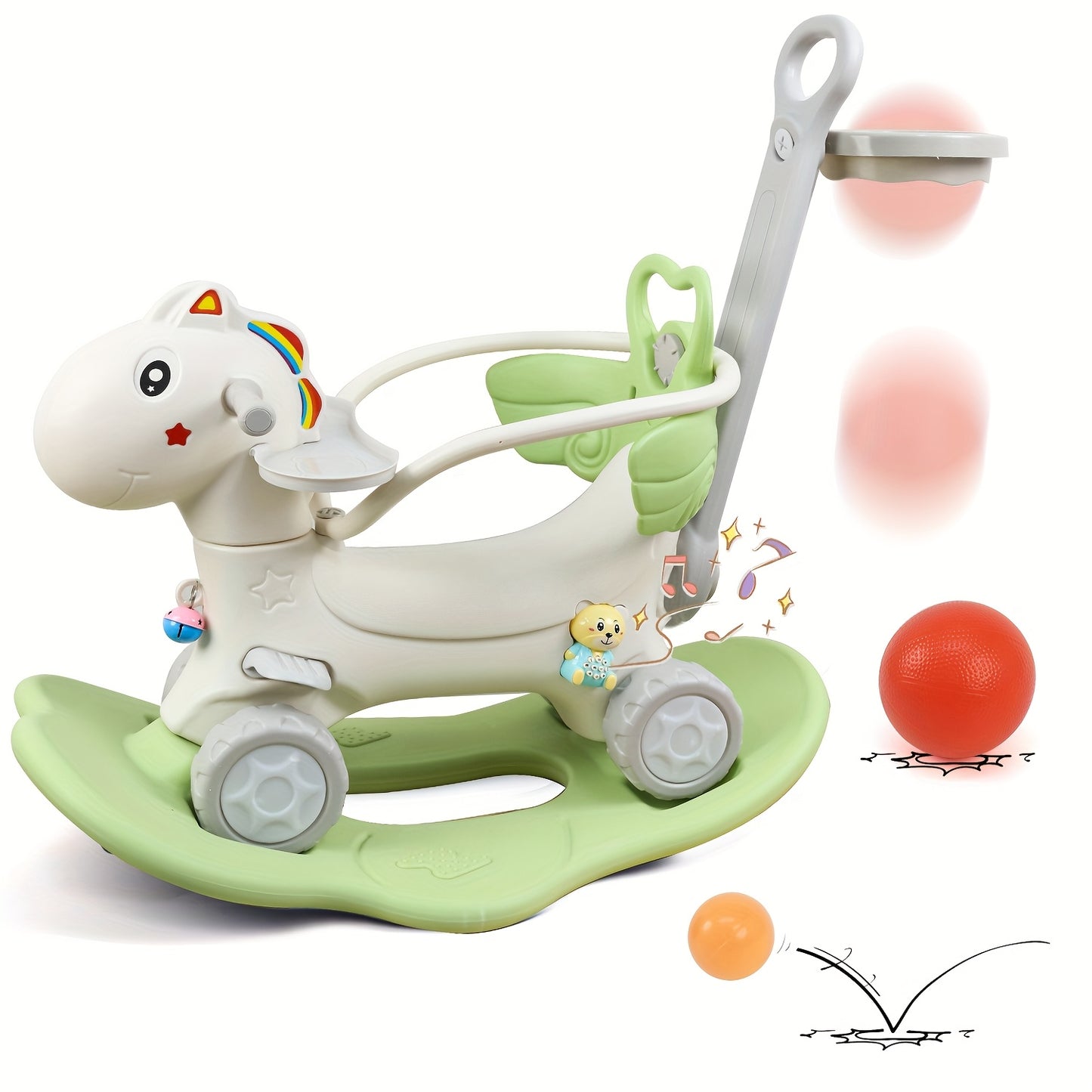 4 In 1 Kids Rocking Horse With Safety Rod Basketball Hoop Balance Toys For Toddlers