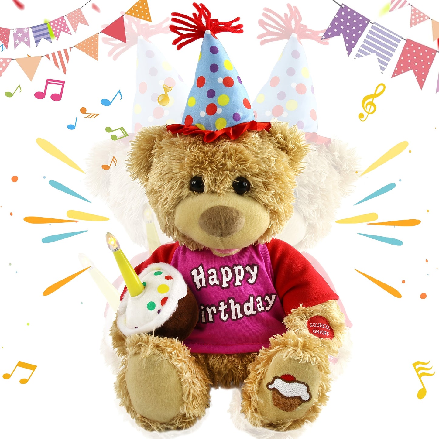 Interactive Birthday Teddy Bear Plush Toy with Music Cupcake and Glowing Candle Gift
