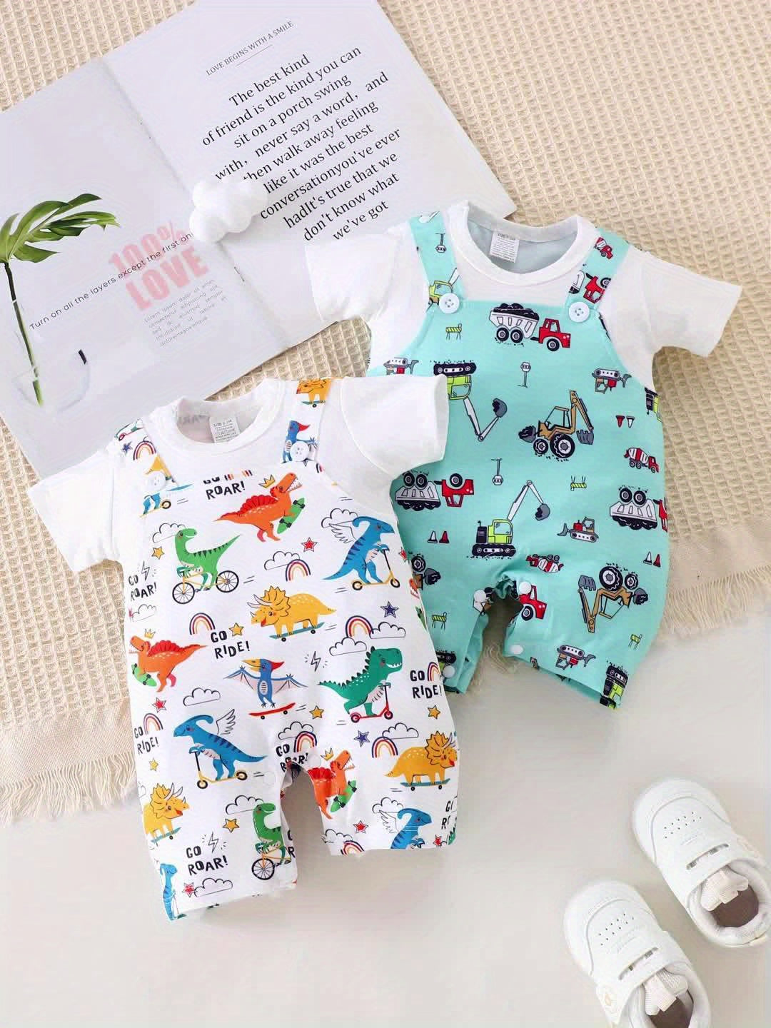 2pcs 2025 Boys' Summer Fashion Casual Short Sleeve Romper with Back Strap Pants and Faux Two-Piece Jumpsuit Dinosaur Excavator Pattern Bodysuits for Ages 0.0-29.53ft, Perfect for Outdoor