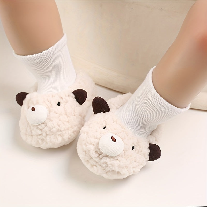Cute Cartoon Animal Sock Shoes for Newborns, Warm Fleece-Lined Slip-On Footwear, Fabric Upper/Inner/Sole, Casual Street Style, with Sewing Thread Detail, for Indoor & Daily Use, Fall/Winter Season, Baby Shoes
