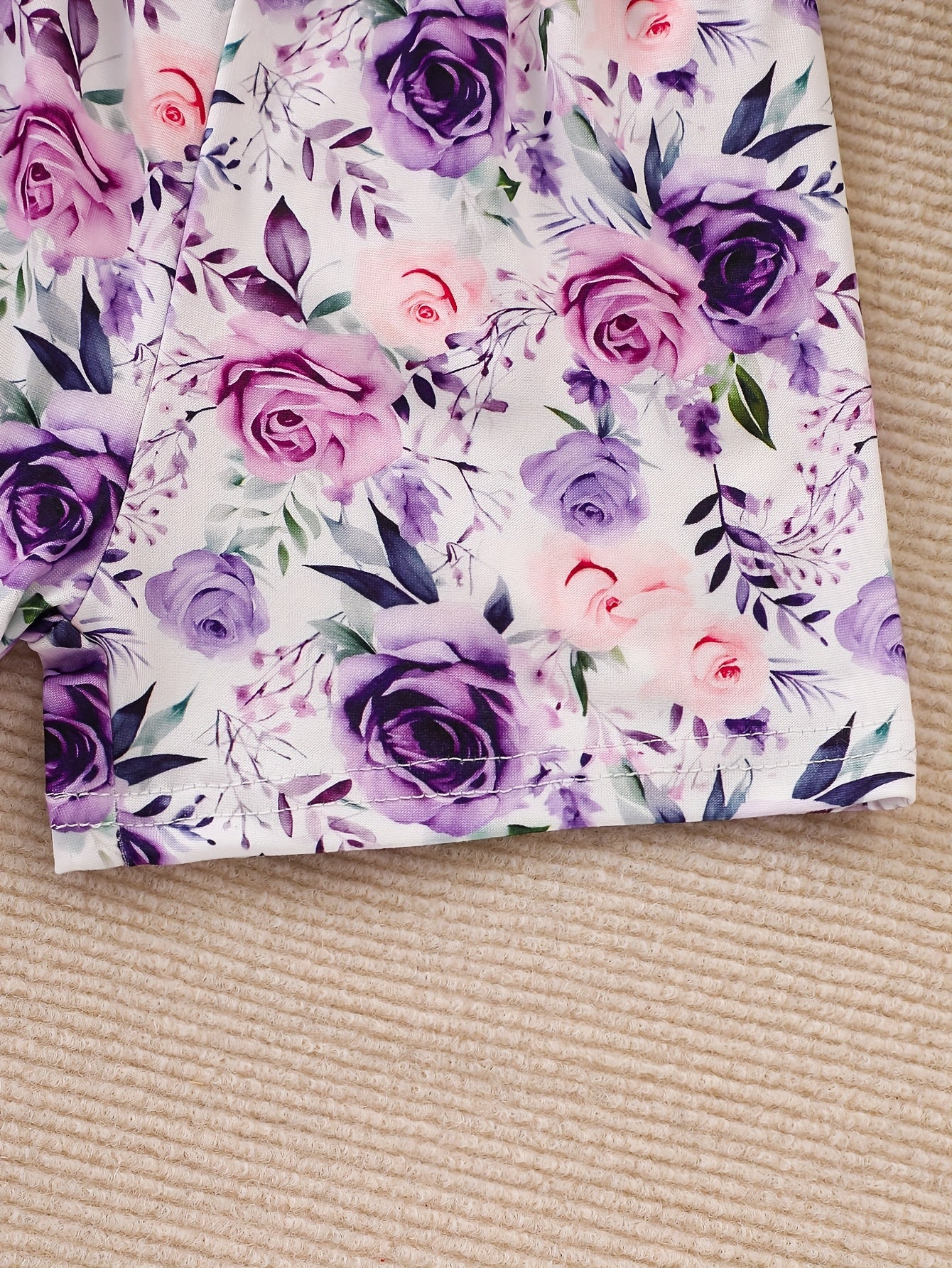 Ten-Piece Set of Girls' Casual Style Purple, Pink, And Red Rose with Yellow Sunflower Print Soft Knit Fabric Flyaway Sleeve Bow Top And Shorts Outfit