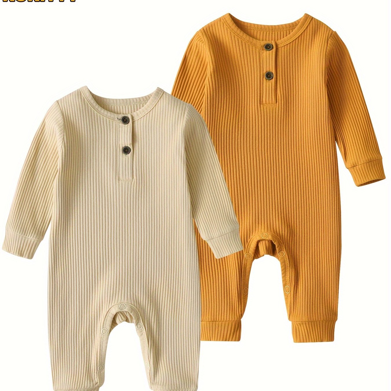 KuKitty Baby Boy Girl 2 Pcs Long Sleeve Solid Color Ribbed Romper Jumpsuit Outfits Clothes