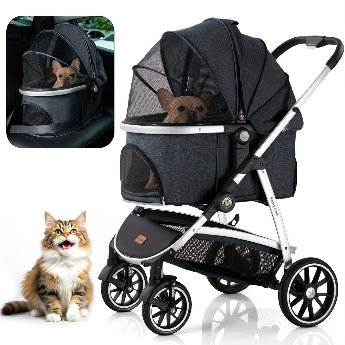 Kenyone Pet Stroller C510 Gray - 3 in 1 Dog Stroller for Medium Small Dogs, Large Cat Stroller with Detachable Carrier for Puppies, Doggies, Kitties, Bunnies - Durable & Lightweight - Suitable for Outdoor Walks & Travel - Ide