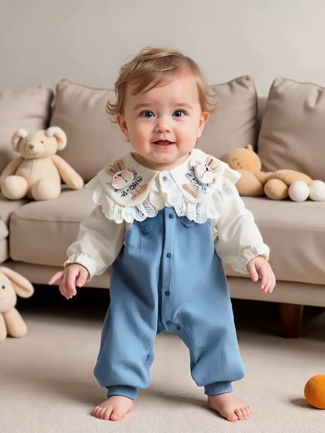 Cute Bunny Baby Girl Bodysuit Denim Lace Trim Long Sleeve