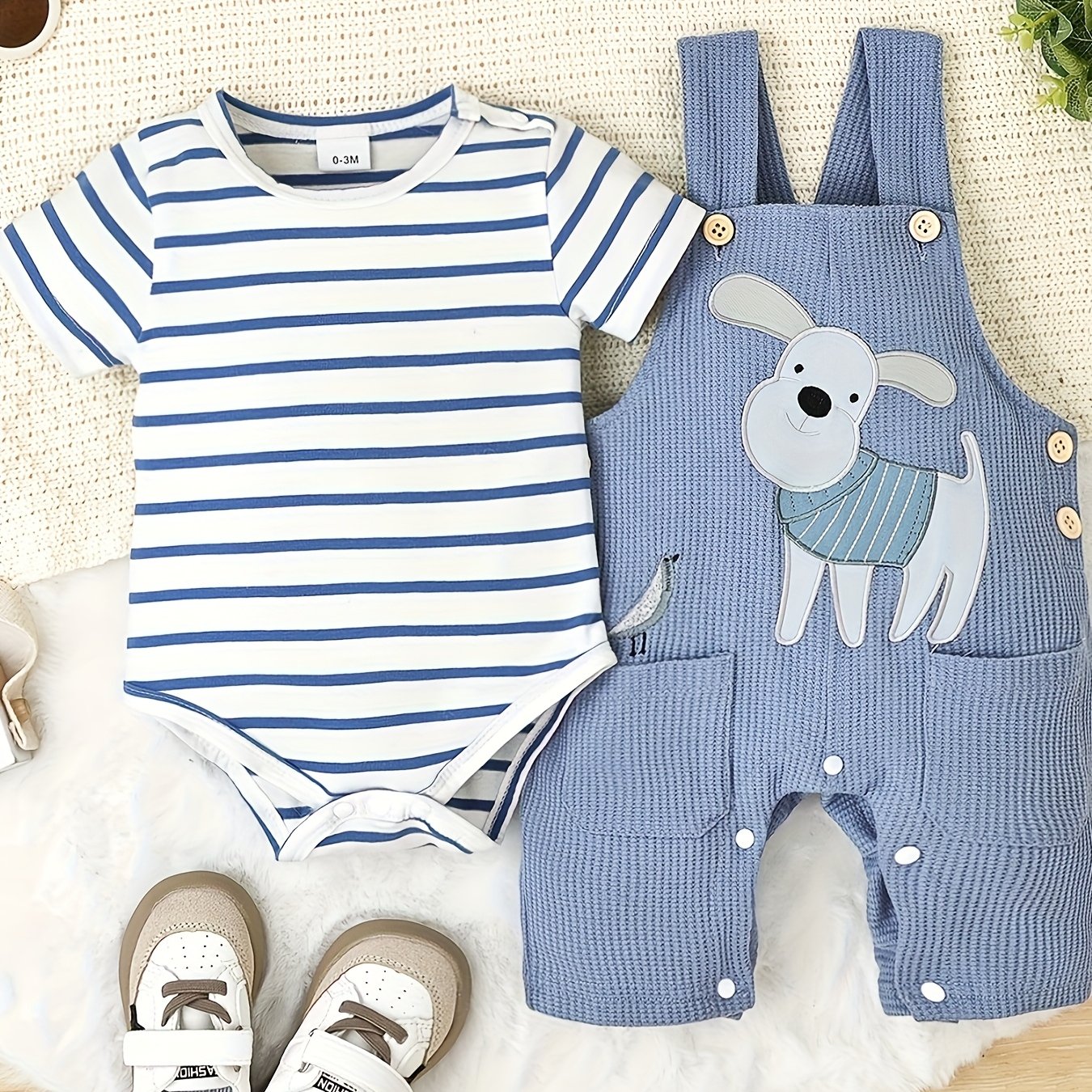 Baby Boy Summer Outfit Striped Romper with Cute Cartoon Dog Overall Pants Set 0-18 Months