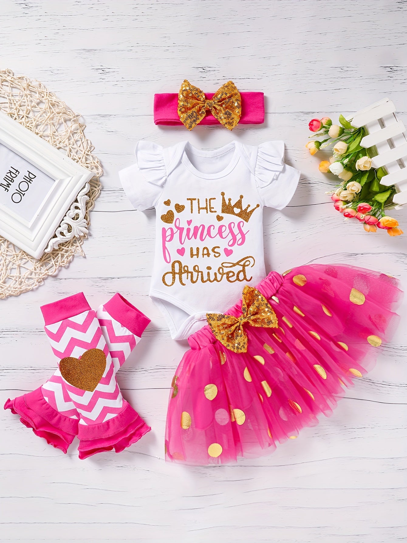 Zukuco Newborn Baby Girl Outfits Infant Letter Print Romper+Tutu Skirt+Headband+Legging Warmer Coming Home Clothes Set
