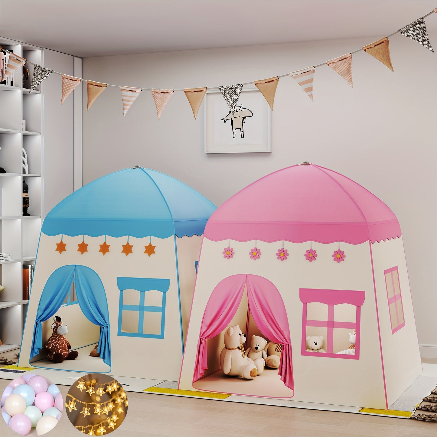 Kids Pink Castle Tent with Star Lights and Balloons for Indoor Princess Play