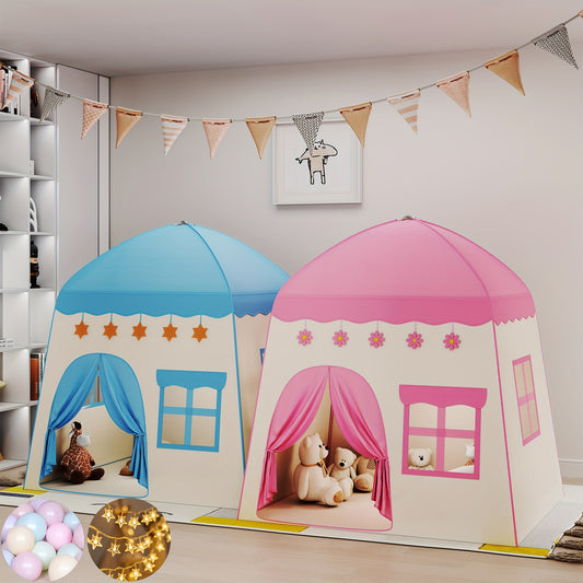 Kids Pink Castle Tent with Star Lights and Balloons for Indoor Princess Play