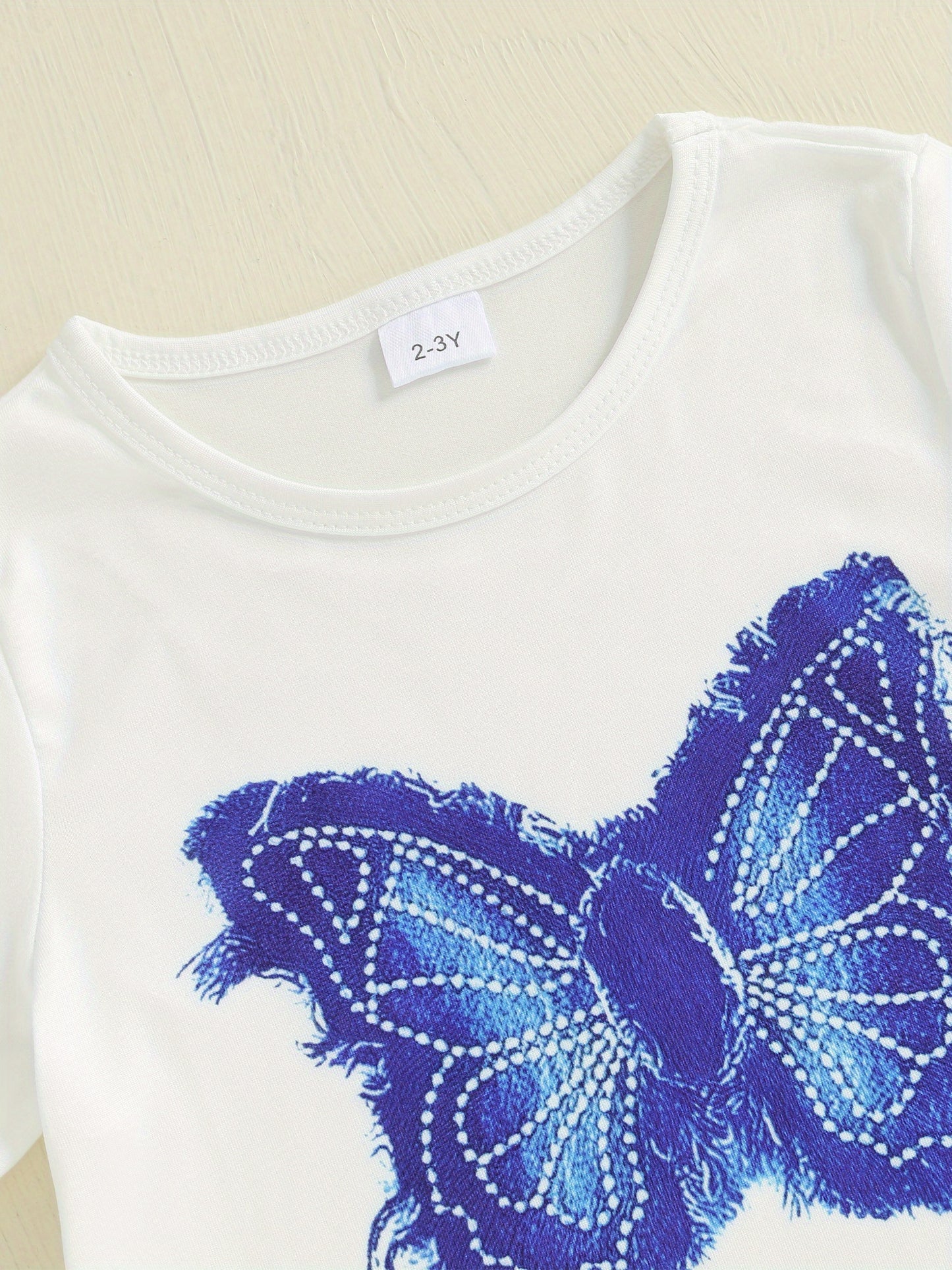 Little Toddler Girl Summer Outfit Butterfly Pattern Crew Neck Short Sleeve T-Shirt and Denim Bell Bottoms 2pcs Set, Perfect for Outdoor