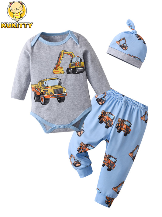 KuKitty Newborn Infant Baby Boy Clothes Outfits Set Long Sleeve Cars Print Romper Top and Pants Hat Clothing Suit, for Outdoor