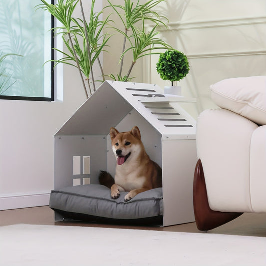 Modern White and Gray Metal Dog House with Waterproof Cushion Stylish Easy Clean Pet Bed