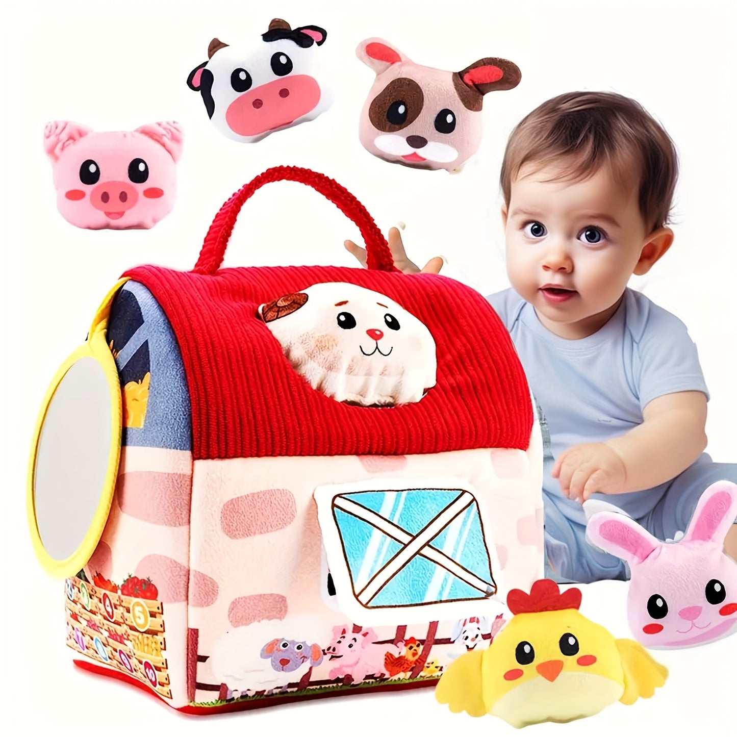 7 Piece Infant Baby Stuffed Animal Toy Playset with Rattles and Sensory Balls