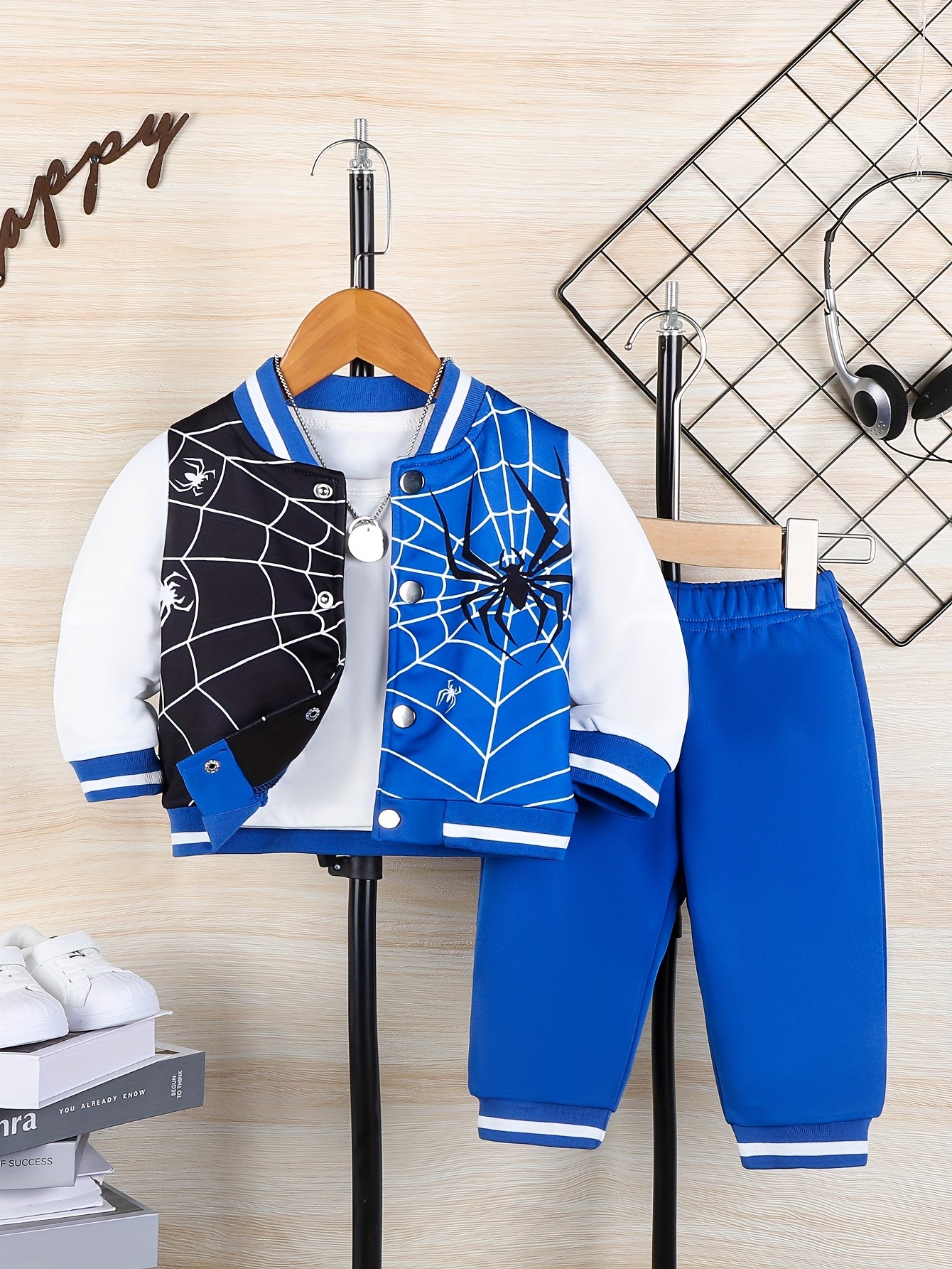 Directional Development of Baby Boy Autumn/Winter Print Two-Piece Top Spider Web Print & Trousers Casual Trousers, for Outdoor