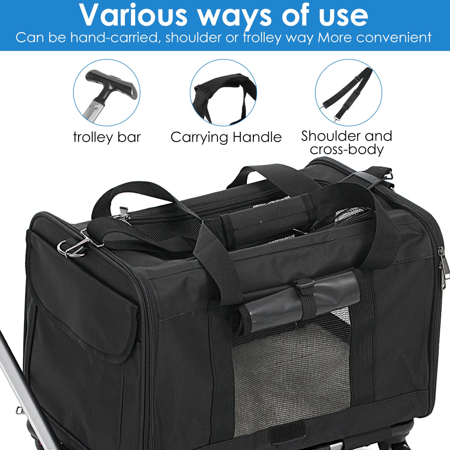 Heavy-Duty Pet Travel Bag with Rolling Wheels - Expandable Carrier, Scratch-Resistant & Foldable Design, Front Zipper Access, Side Pocket - Portable with Extended Handle for Airplane, Car, Vet Visits - Ideal for Cats & Small