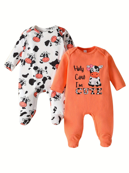 2pcs Newborn Baby Girl Romper Cow Pattern Cute Infant Outfits Long Sleeve Jumpsuits Baby Girl Clothes, for Outdoor