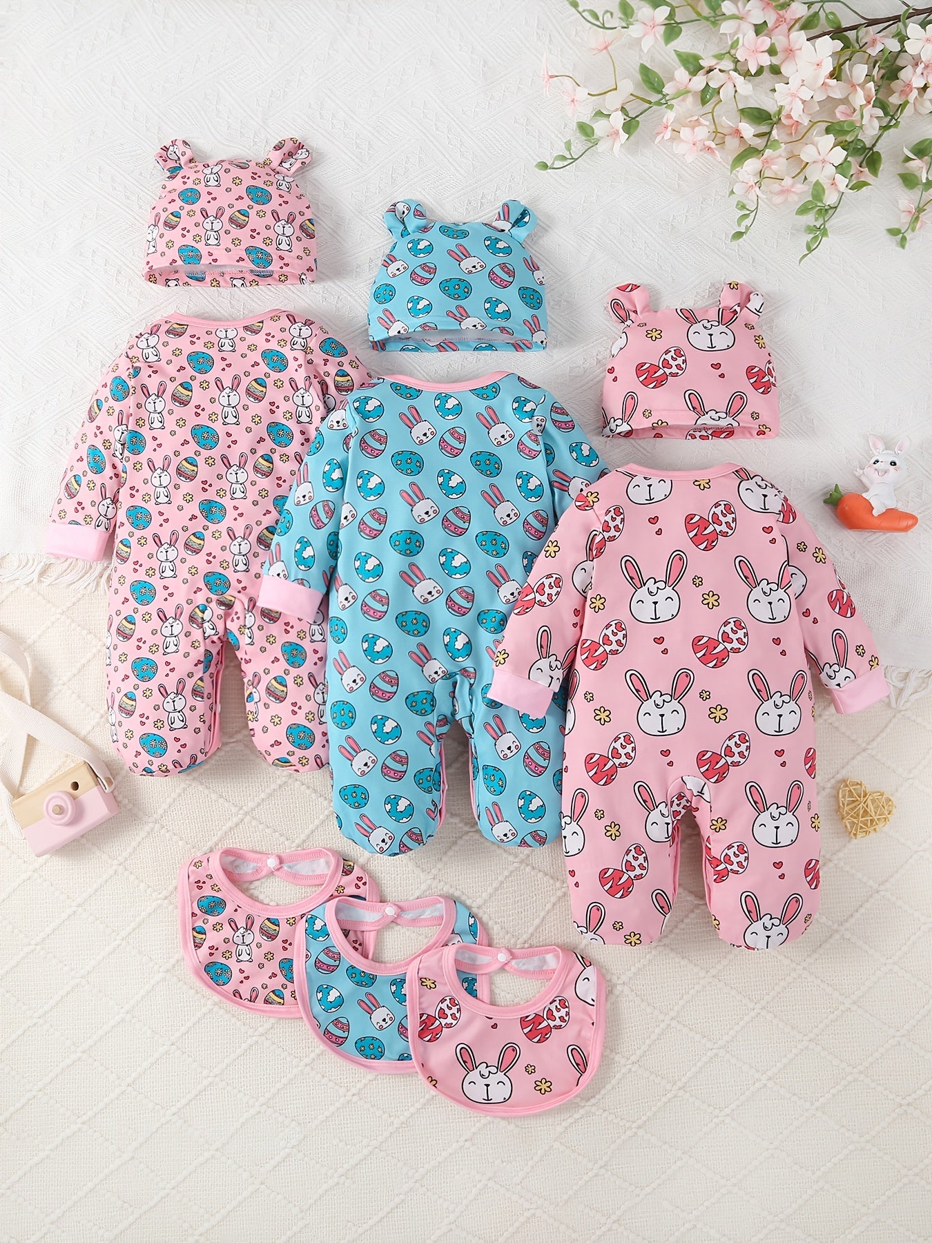 Newborn Girl 9Pc All Season Outfit Set With Bunny Hat