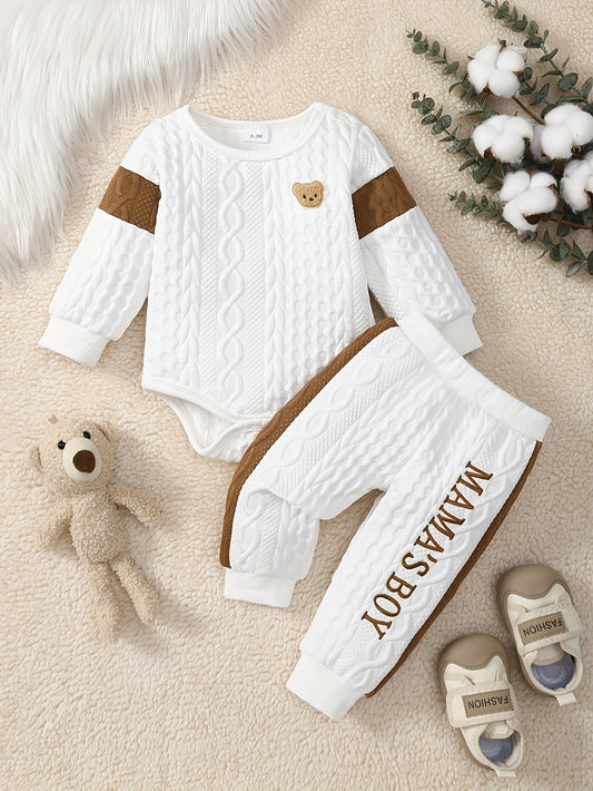 2pcs Baby Boy Little Bear Knitted Color Block Long Sleeve Set for 0-2 Years Winter Wear