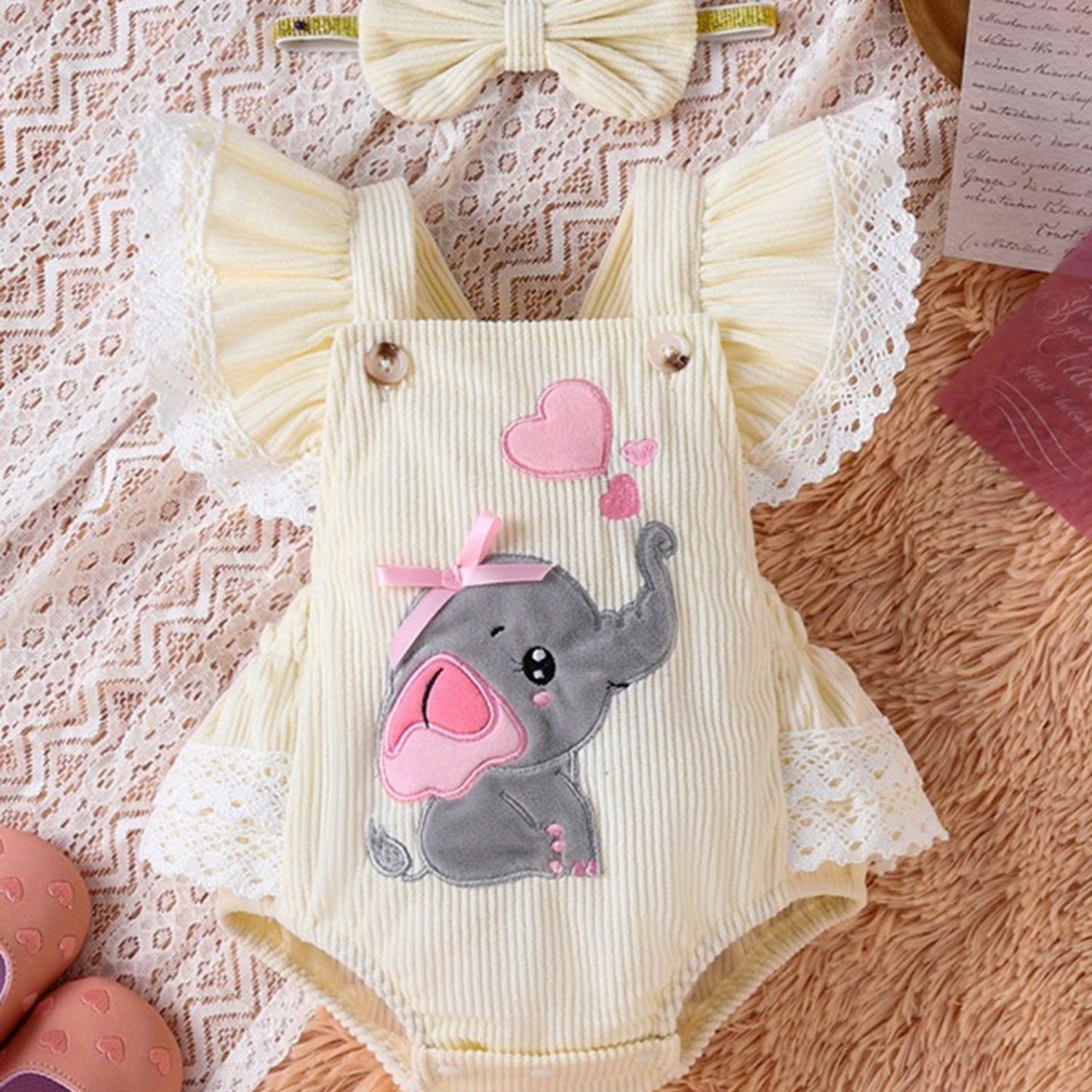 0.0-59.06ft Cute Girl Set, 2pcs Embroidered Elephant Love jumpsuit+Butterfly Bow Hairband Summer Clothing, for Outdoor