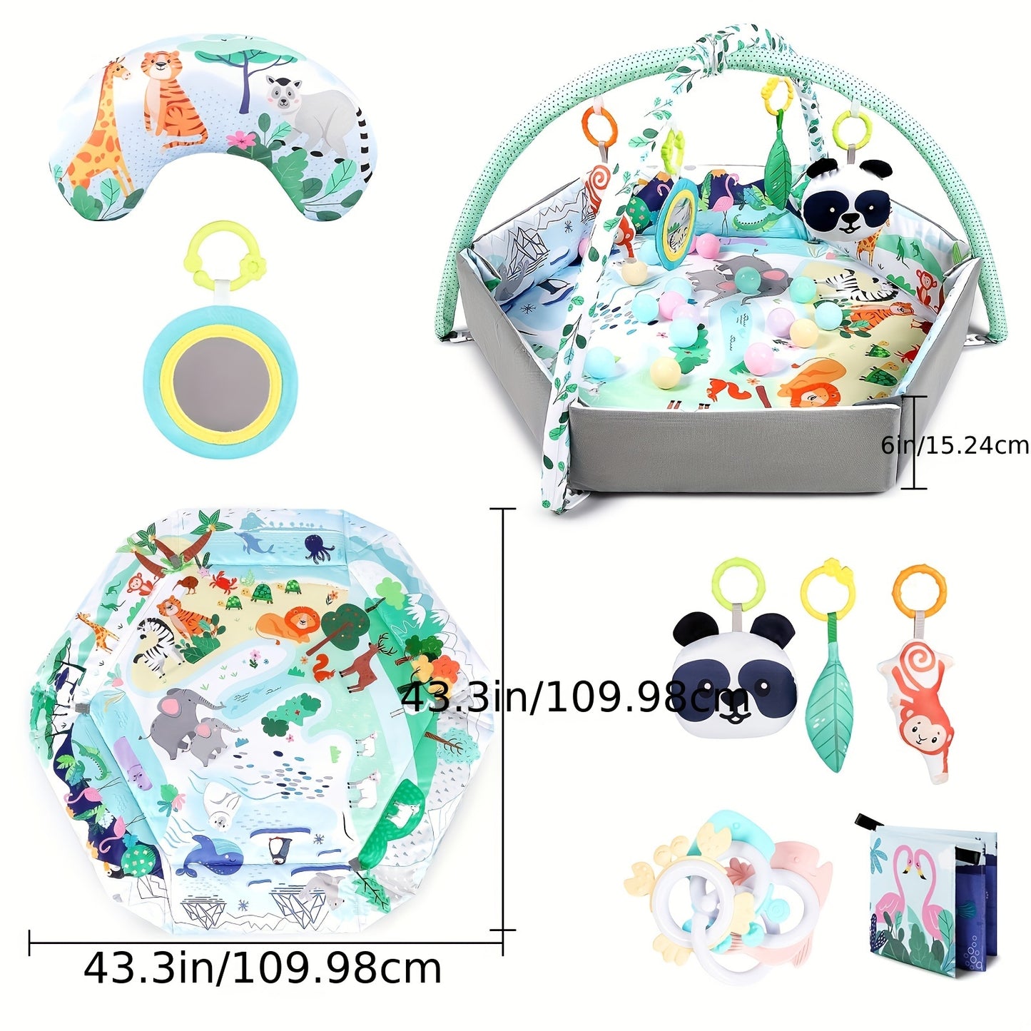 Dearlomum 4 in 1 Tummy Time Mat and Baby Gym Activity Play Mat with 6 Sensory Toys