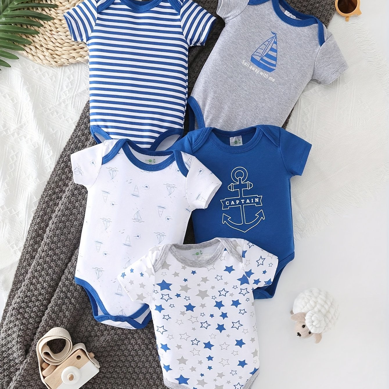 5pcs Set Of Baby Boys' Short Sleeved Cartoon Triangle Jumpsuit, Ha Yi, Baby Boys' Ocean Boat Anchor Casual Crawling Suit, for Outdoor