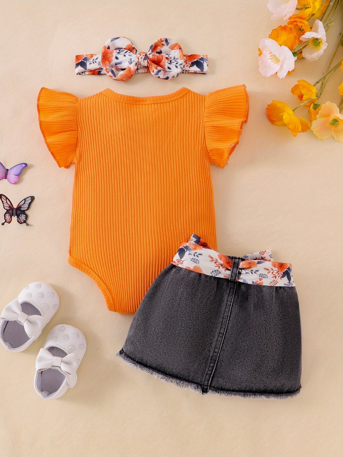 CETEPY Youngsters Girl Summer Clothes Cute Butterfly Printed Romper + Denim Skirt + Headband 3pcs Shorts Set 0-18 Months
