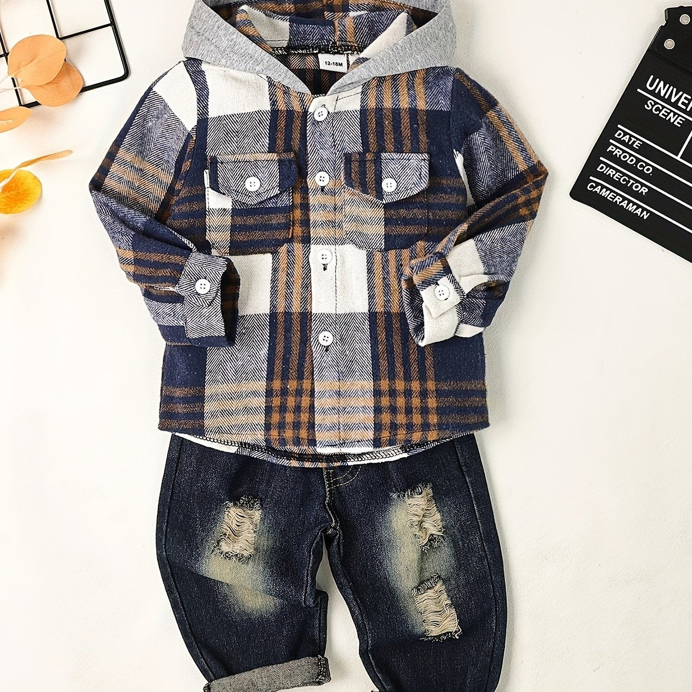 Toddler Boy Fall Winter Outfit Set Hooded Sweatshirt and Ripped Jeans Dark Khaki 12M-5T