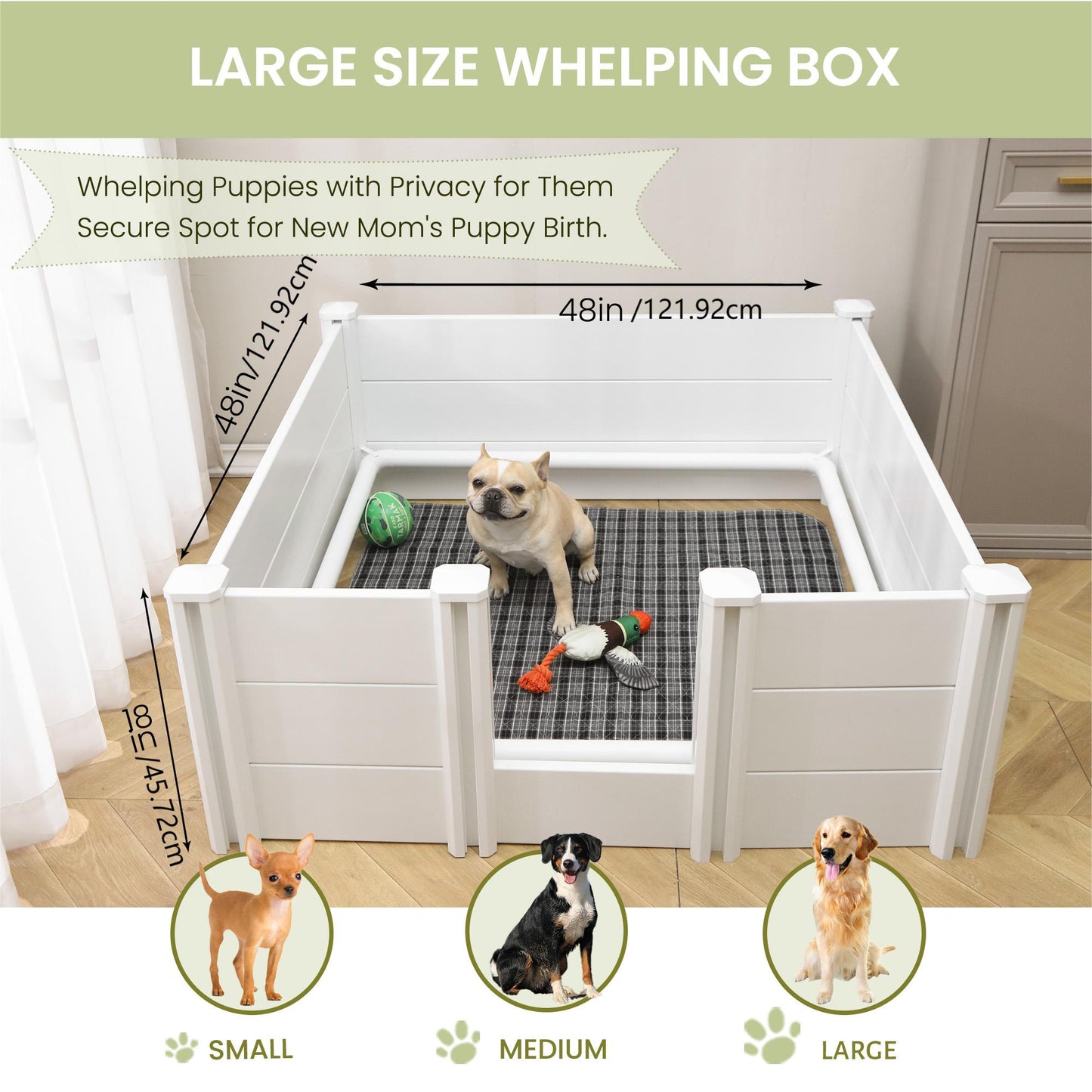 Whelping Box for Large Breed Dogs with Adjustable Door and Pig Rails for Puppies