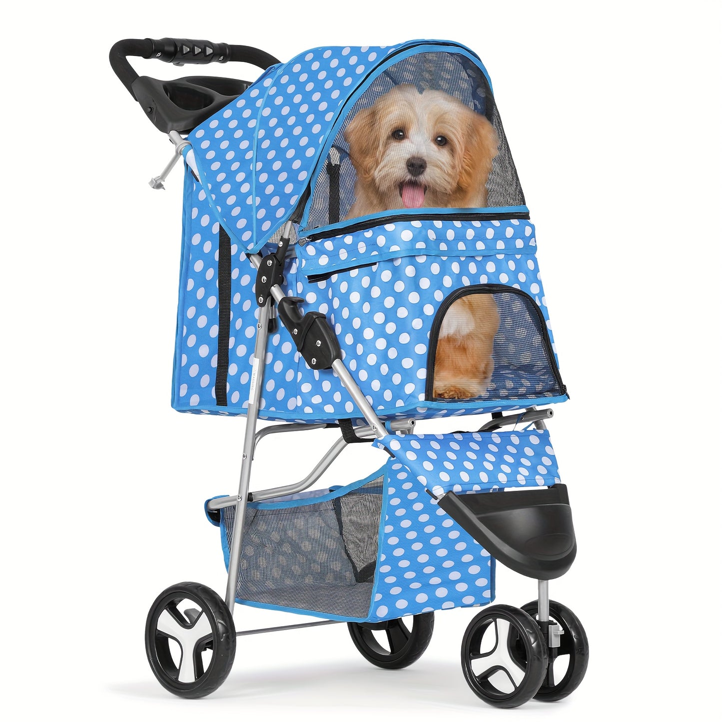 3 Wheels Pet Dog Cat Stroller for Small Medium Dogs Cats - Foldable Jogger Stroller w/Storage Basket and Cup Holder - For Pet Owners - Suitable for Outdoor Walks & Travel - Great Gift for Dog & Cat Lovers