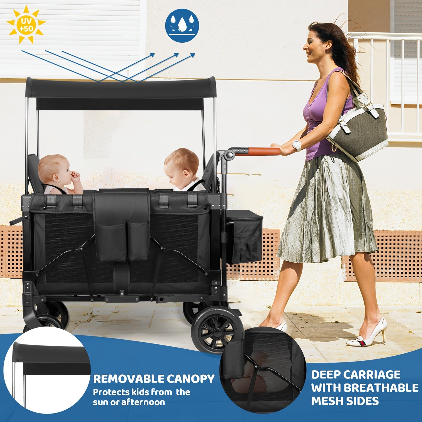 Luxury Comfort Stroller Wagon | Foldable 2 Passenger Double Seater With Adjustable Canopy | Black