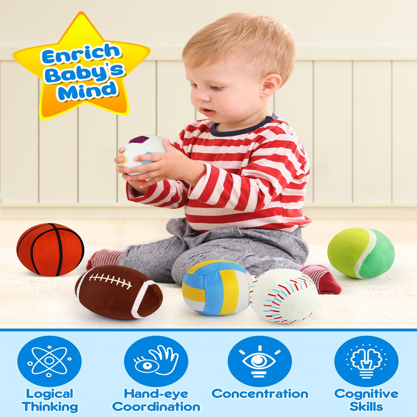 Vanmor Sensory Sports Balls For Toddlers With Travel Bag Plush Rattles And Crinkle Toy