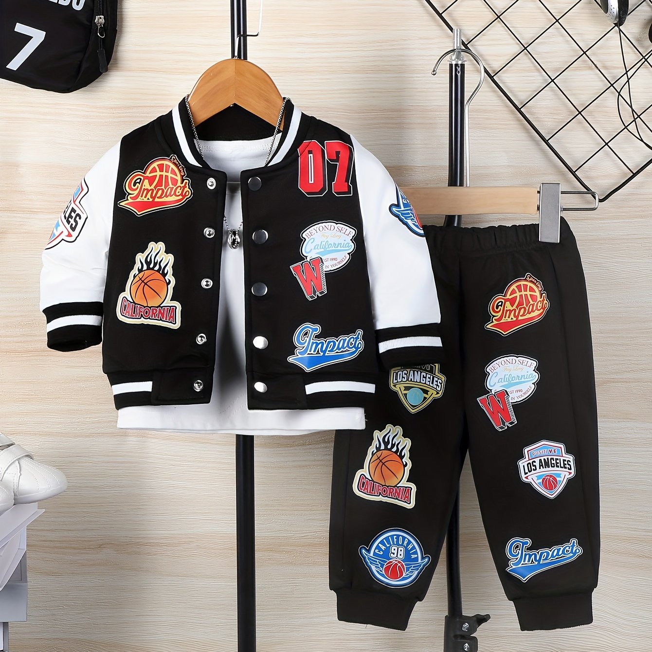 Boys Cartoon Applique Baseball Jacket and Pants Set Cotton Blend Casual Outfit