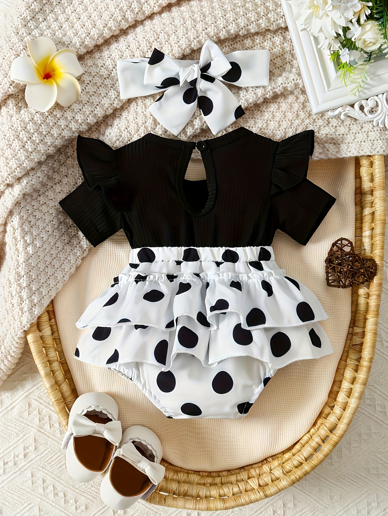 2pcss Set Of Baby Girl Fake, 2pcss Short Sleeved Short Sleeved Polka Dot Suspender Jumpsuit, Cartoon Mouse Embroidery 3D Doll Jumpsuit, Pants Set For Baby Girl'S Clothes, for Outdoor