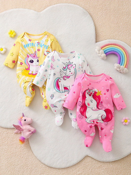 Unicorn Print Footed Romper Set For Baby Girls Three Pack