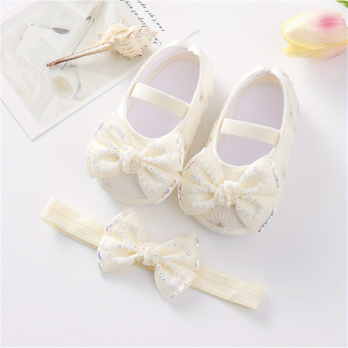 Mary Jane Flats Beaded Bow Princess Shoes Dress Walking Shoes and Headband