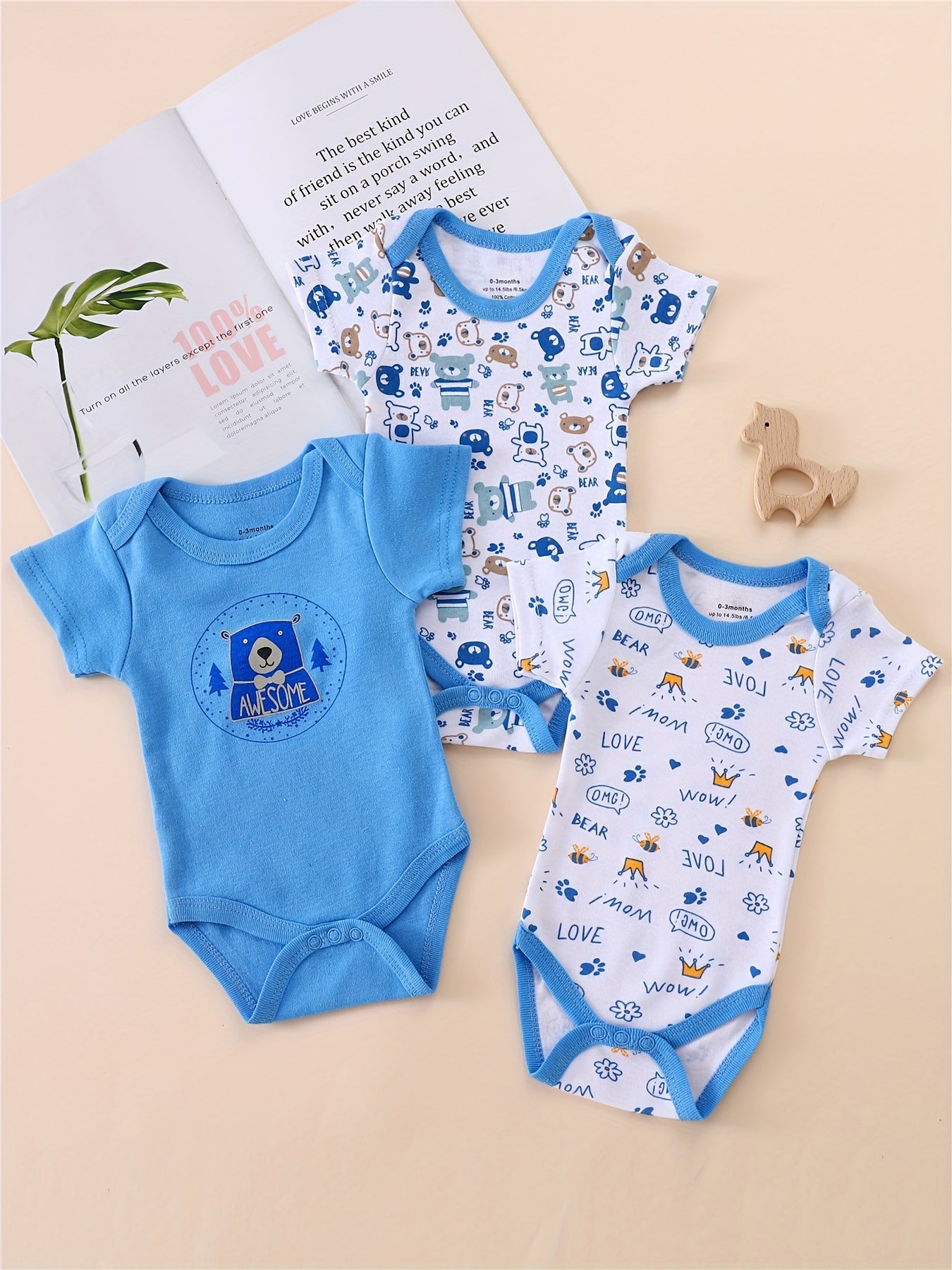 3pcs Toddler Boys' Short Sleeve Romper Set - Cute Lion Animal Print, Blue & White, Cotton, Round Neck, Summer Outfit with "LOVE" & "THANKS" Embroidery, Perfect for Spring/Summer, Clothes for Youngster, for Outdoor, Perfect fo