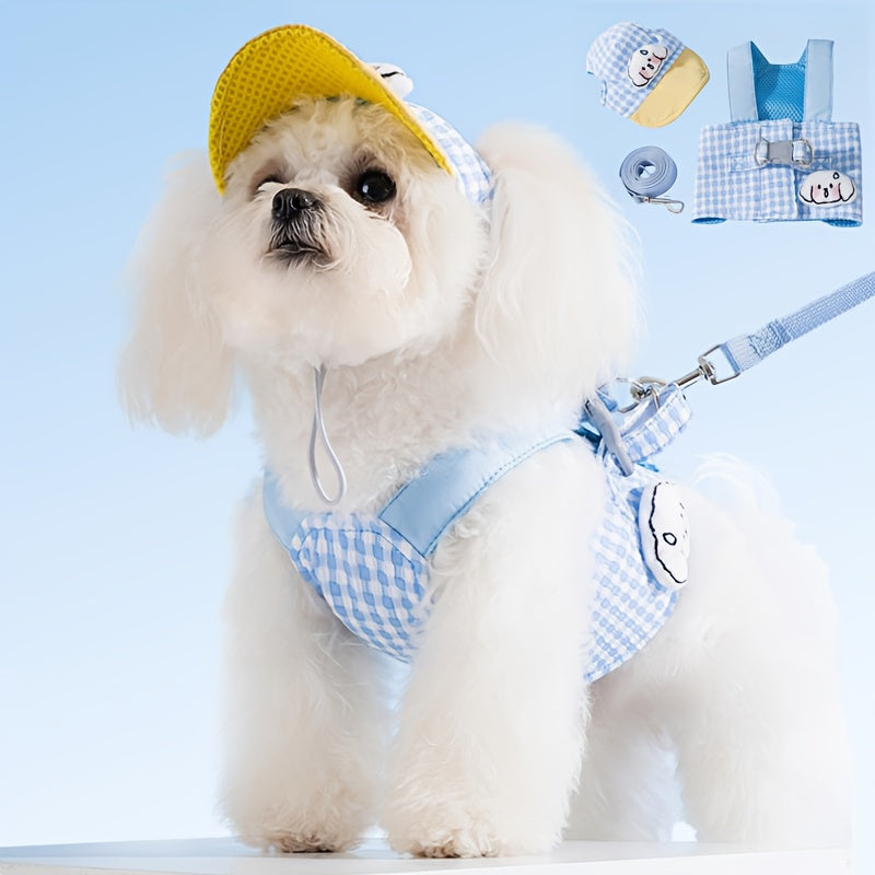 Dog Chest and Back Harness Set Clothes Outdoor with Hat Adjustable Washable Small and Medium Dog Cat Pet Clothes