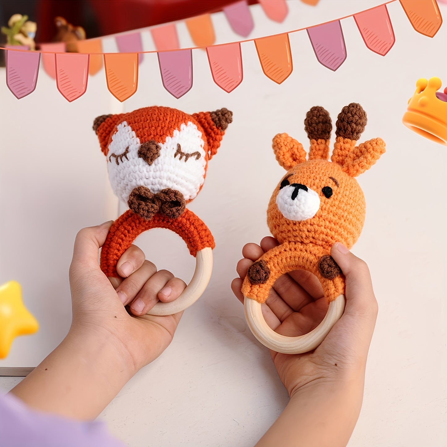 A Set of 6 Rattles Featuring Animal Figurines Including an Elephant, a Moose, a Fox, a Rabbit, And a Deer. These Handcrafted Crochet Decorations Are Perfect for Festive Parties And Suitable for Babies And Children, Making The