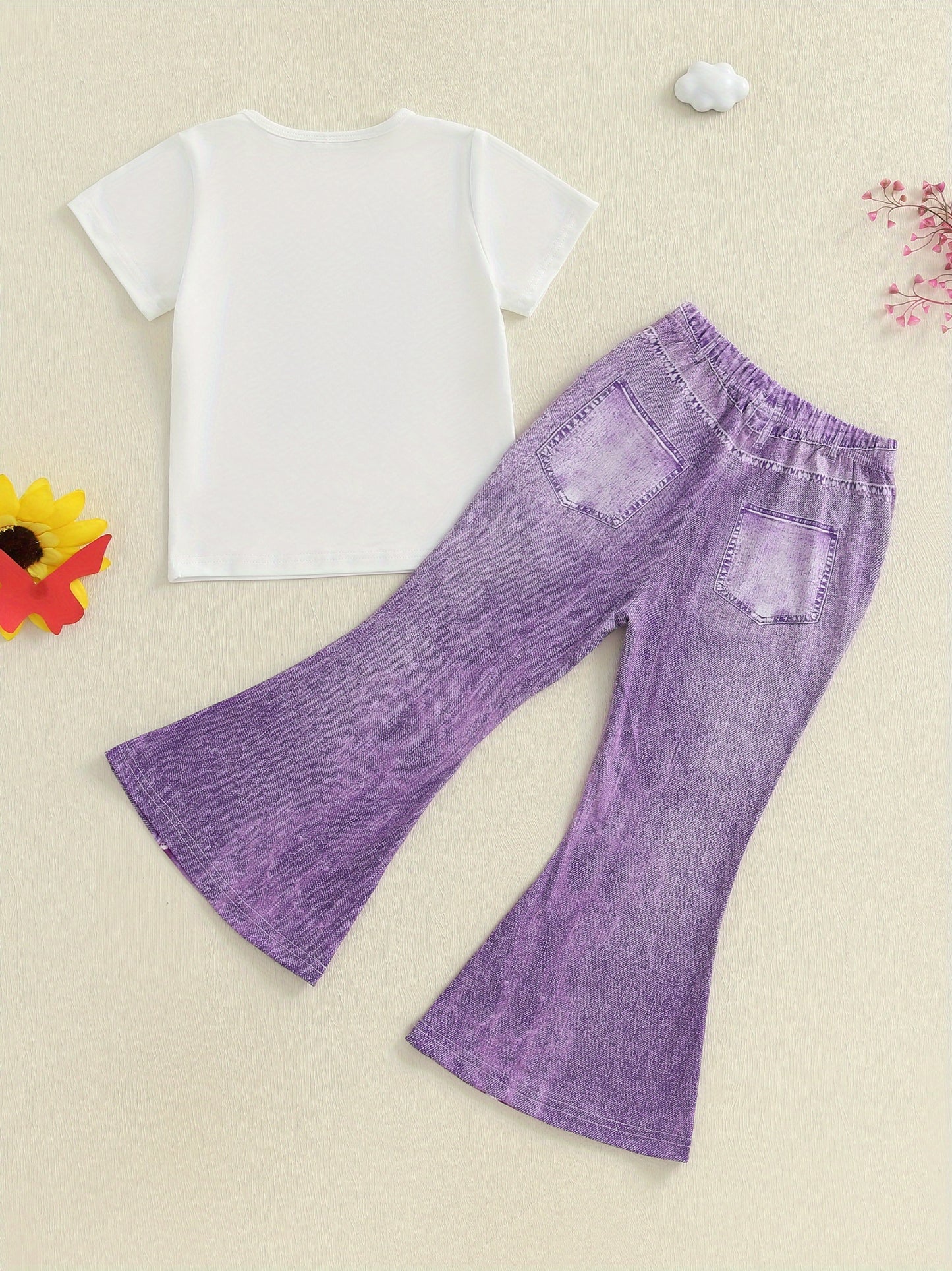 Little Toddler Girl Summer Outfit Butterfly Pattern Crew Neck Short Sleeve T-Shirt and Denim Bell Bottoms 2pcs Set, Perfect for Outdoor