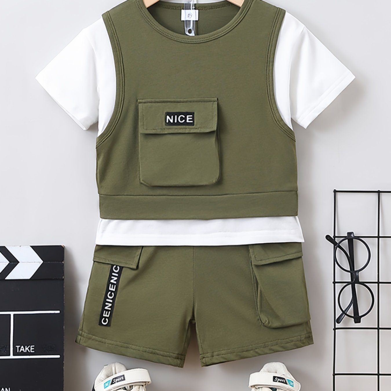 PatPat 2pcs Toddler Boy Trendy Patch Pocket Short-sleeve Cotton Top and Cargo Shorts Set, for Outdoor