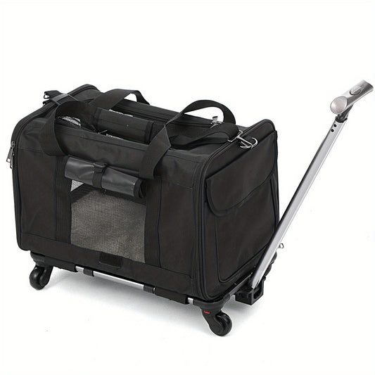 Heavy-Duty Pet Travel Bag with Rolling Wheels - Expandable Carrier, Scratch-Resistant & Foldable Design, Front Zipper Access, Side Pocket - Portable with Extended Handle for Airplane, Car, Vet Visits - Ideal for Cats & Small