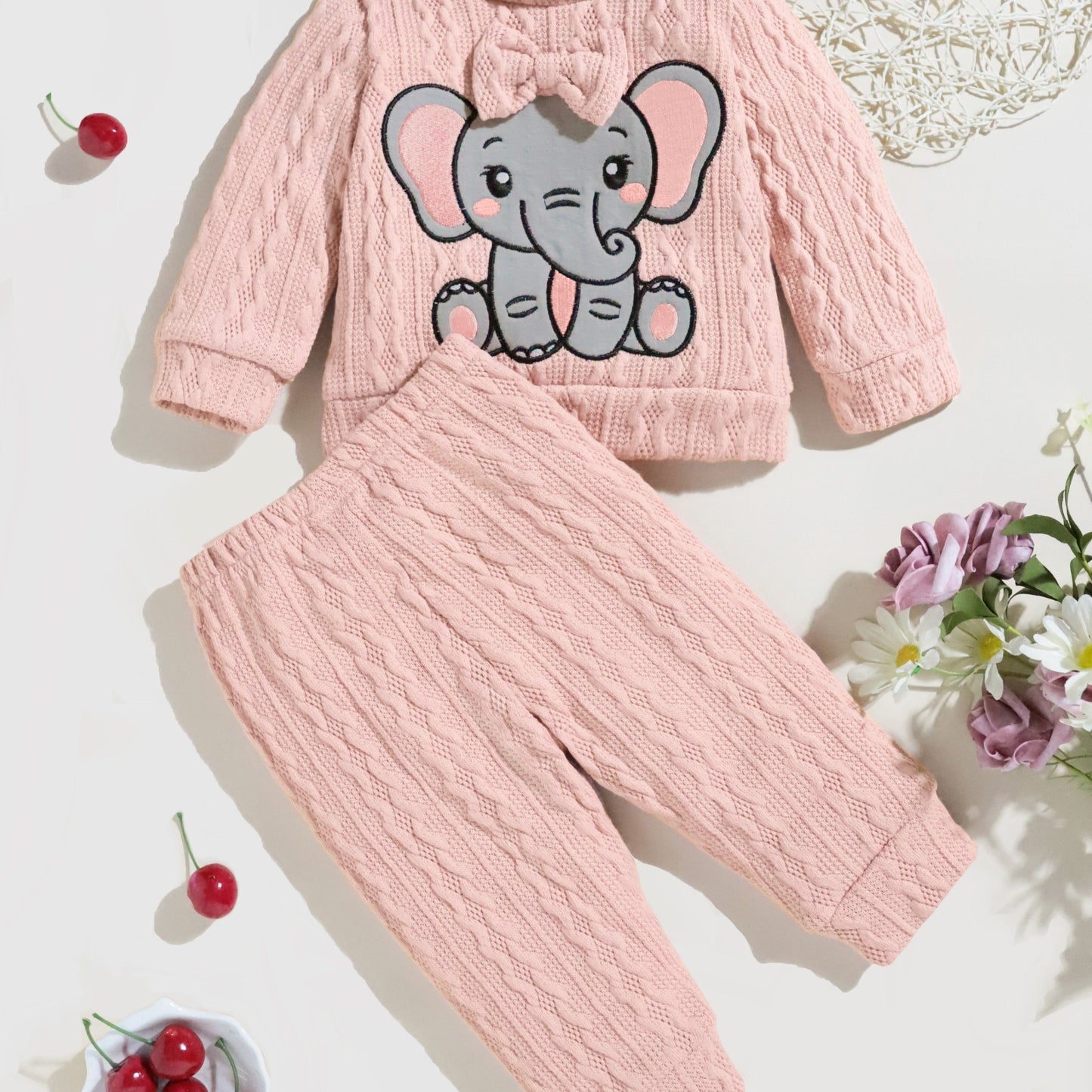 2pcs Baby Bow Elephant Patchwork Sweater and Knitted Pants Set for Toddler Girls
