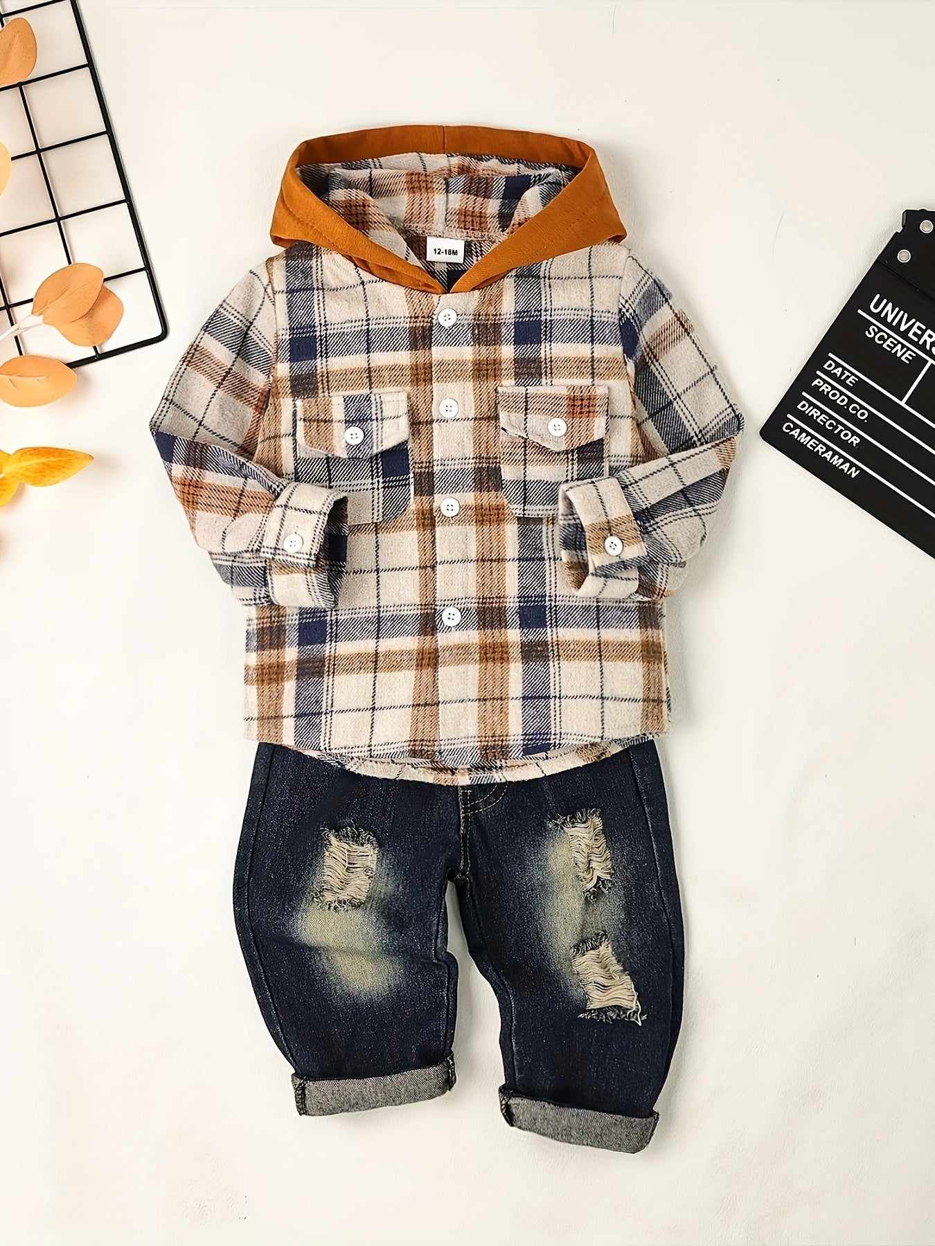 Toddler Boy Fall Winter Outfit Set Hooded Sweatshirt and Ripped Jeans Dark Khaki 12M-5T