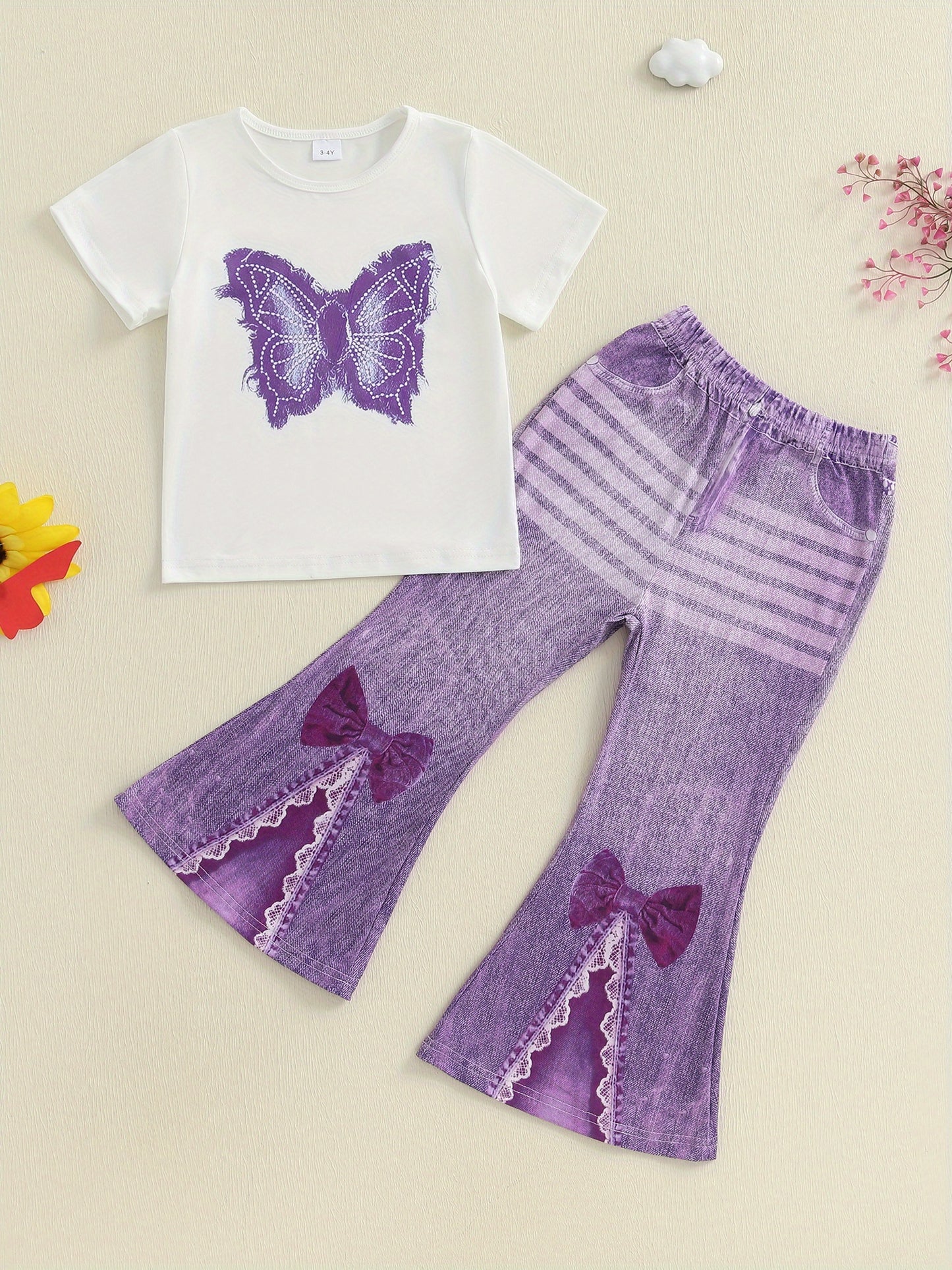 Little Toddler Girl Summer Outfit Butterfly Pattern Crew Neck Short Sleeve T-Shirt and Denim Bell Bottoms 2pcs Set, Perfect for Outdoor
