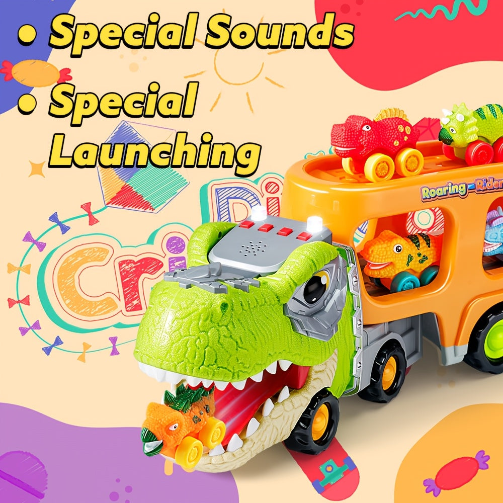 Dinosaur Truck Toy Car Carrier Set With Six Rubber Cars Music Lights Gift for Kids