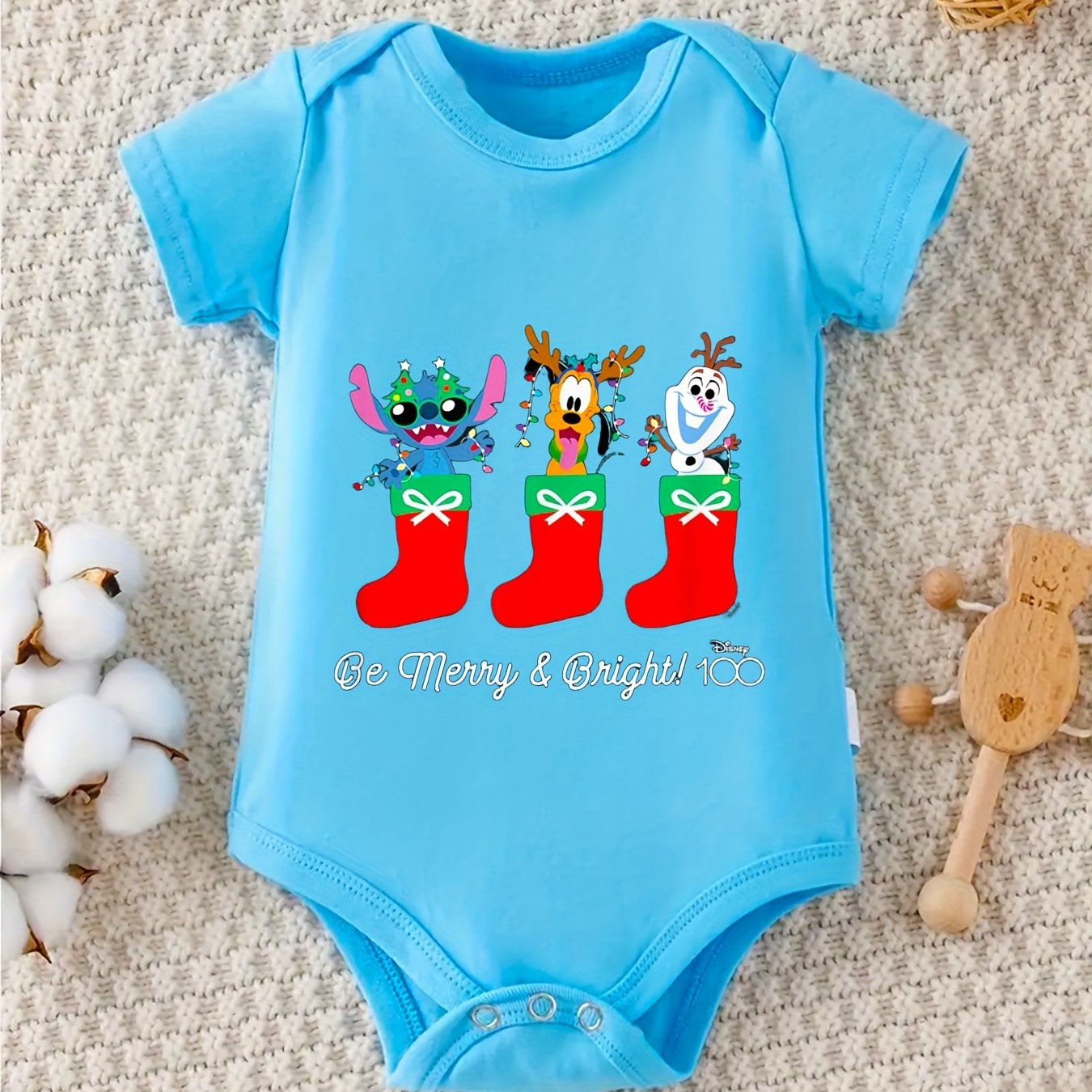 Disney Stitch Pluto Olaf Christmas Be Merry Bright 100 Percent Cotton Short Sleeve Romper