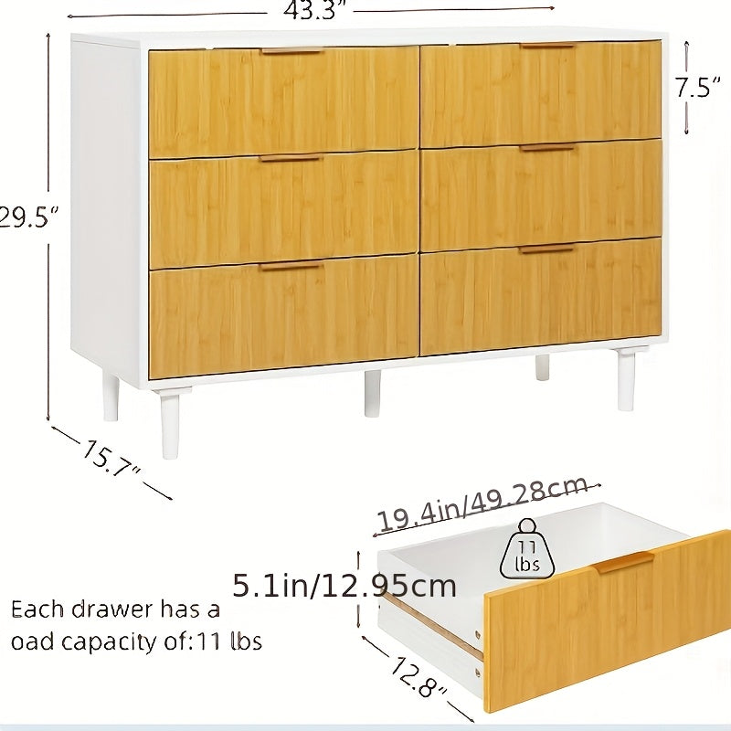 Kinder King 6-Drawer Double Dresser Natural Wood Modern Storage for Bedroom and Nursery