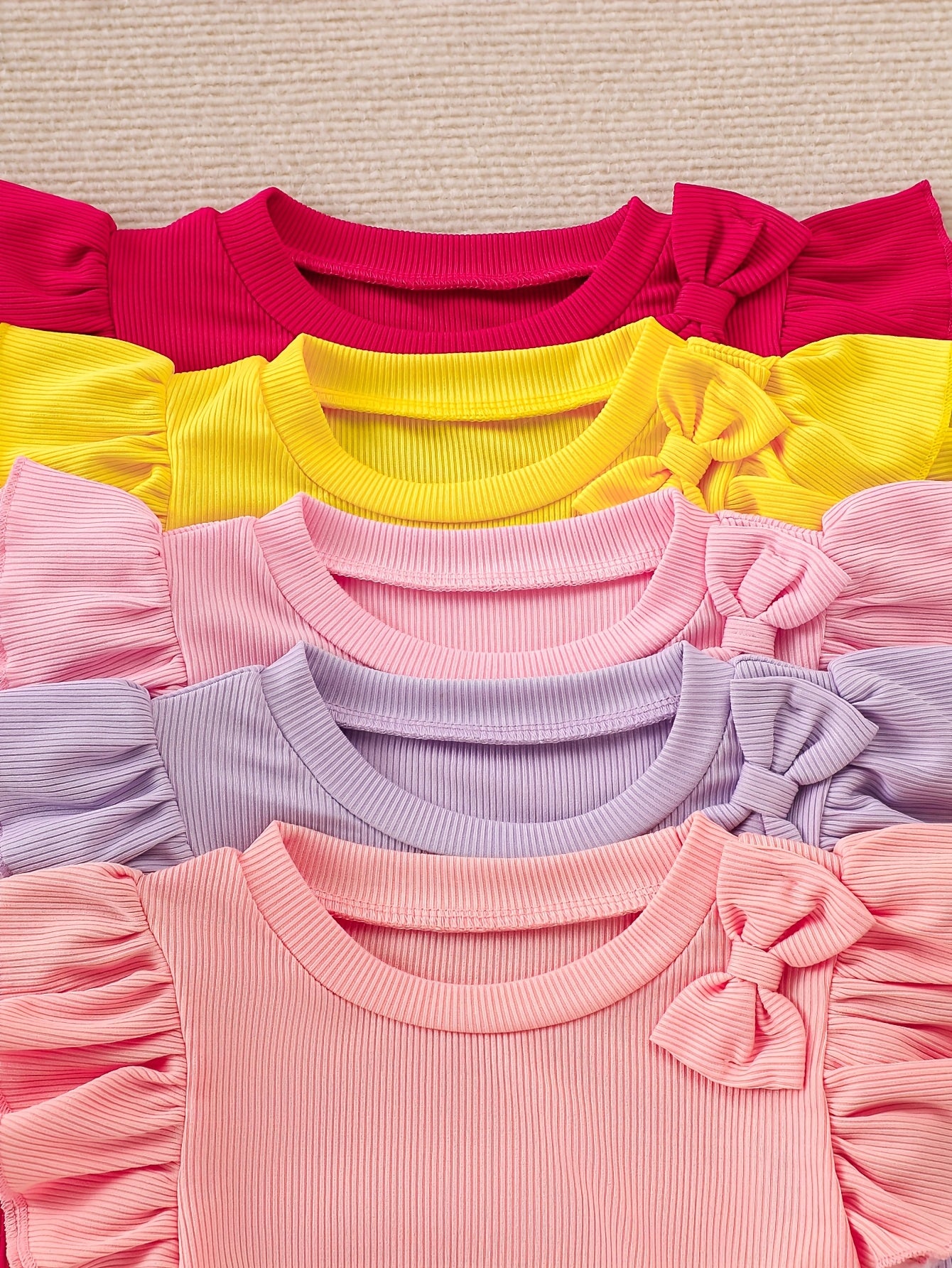 Ten-Piece Set of Girls' Casual Style Purple, Pink, And Red Rose with Yellow Sunflower Print Soft Knit Fabric Flyaway Sleeve Bow Top And Shorts Outfit