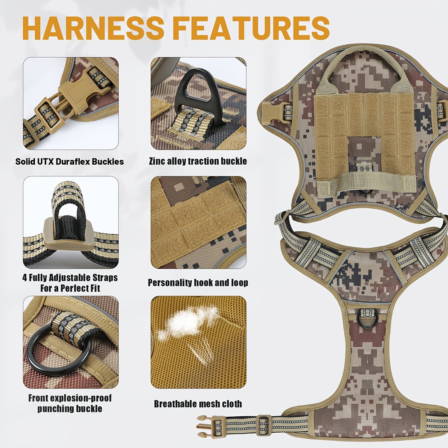 Tactical Dog Harness Heavy Duty No Pull Adjustable Reflective Vest For All Sizes