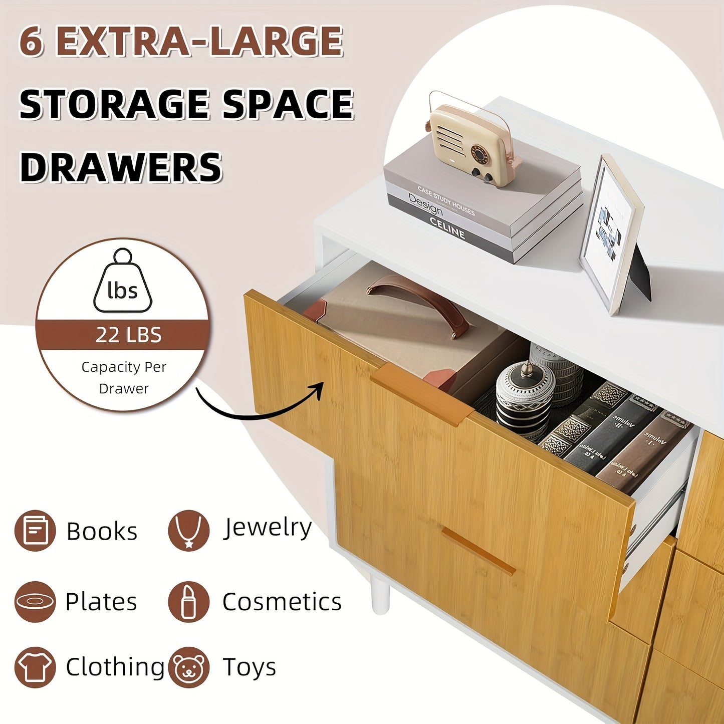 Kinder King 6-Drawer Double Dresser Natural Wood Modern Storage for Bedroom and Nursery