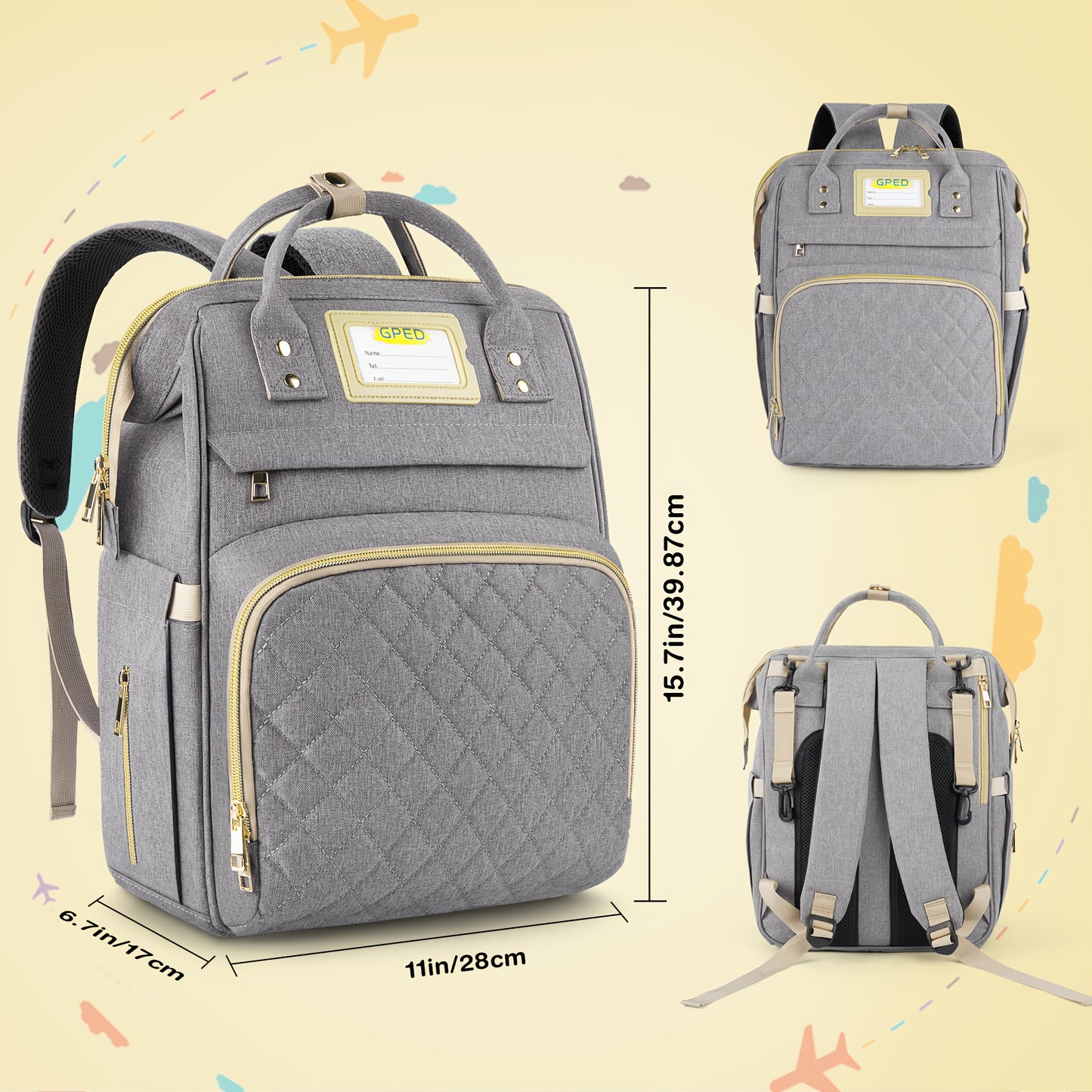 Large Capacity Diaper Backpack with Insulated Pocket Vintage Gray Nylon Travel Bag